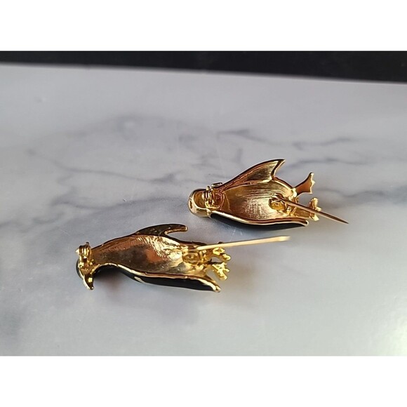 Penguin Couple Rhinestone & Enamel Gold Tone Brooch Vintage Costume Jewelry READ - Picture 7 of 11